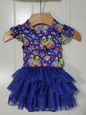 Posh Peanut x Lisa Frank Zoomer & Zorbit Blue Sparkly Tulle Tutu Rainbow Romper